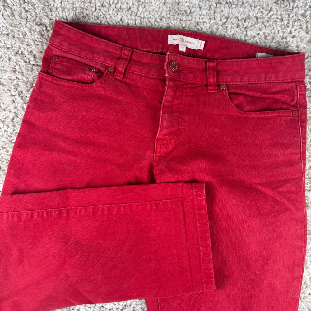 Tory Burch Cropped Skinny Jean Women 28 Red Stretch Denim Logo Hardware